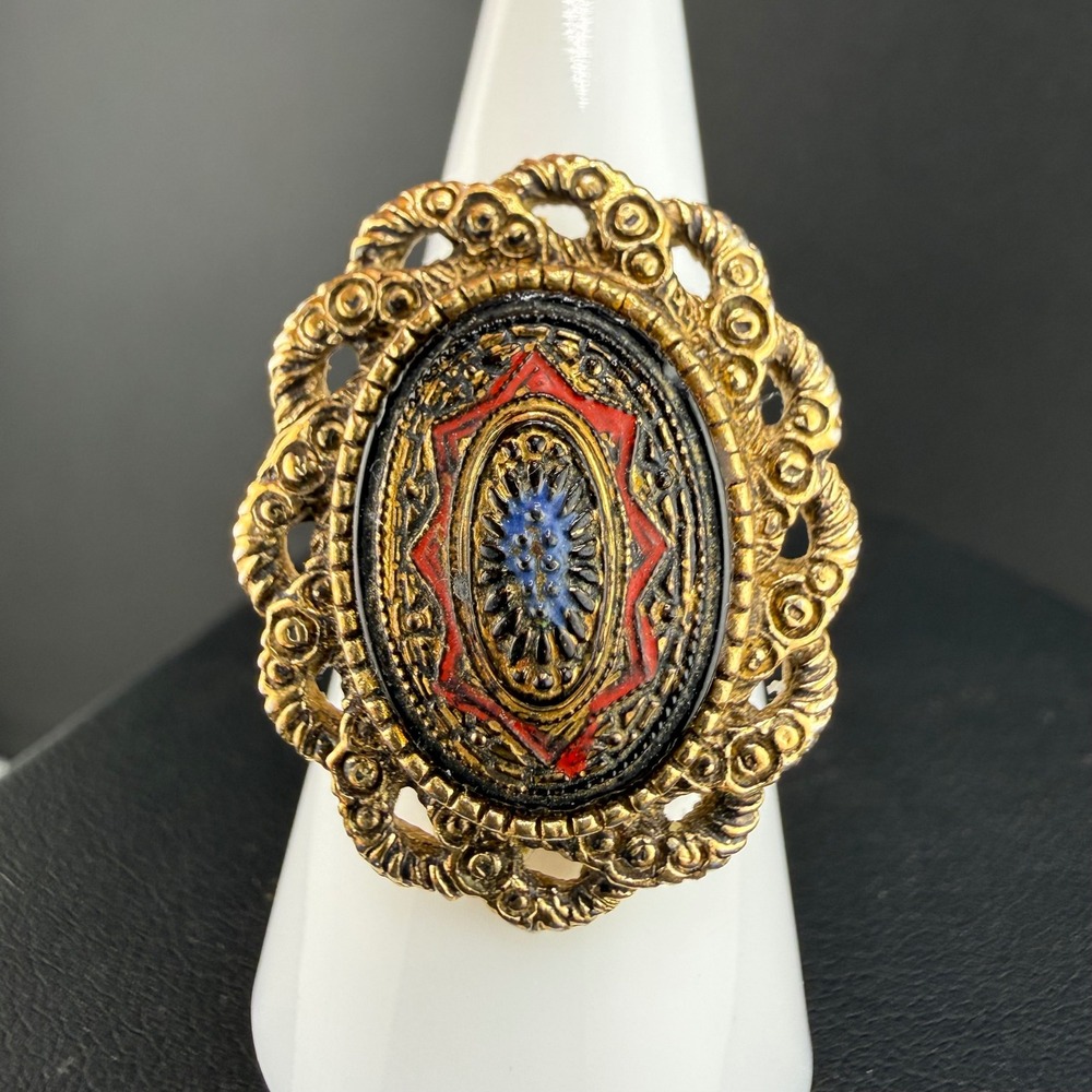 Vintage‎ Sarah Coventry Mosiac Ring Gold Enamel Starburst Filigree Size 7